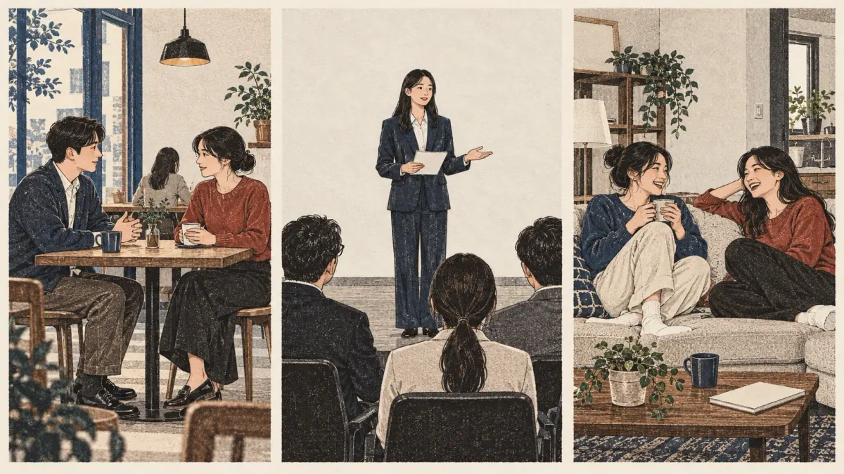 Three settings show polite conversation, a formal presentation, and casual talk with close friends.