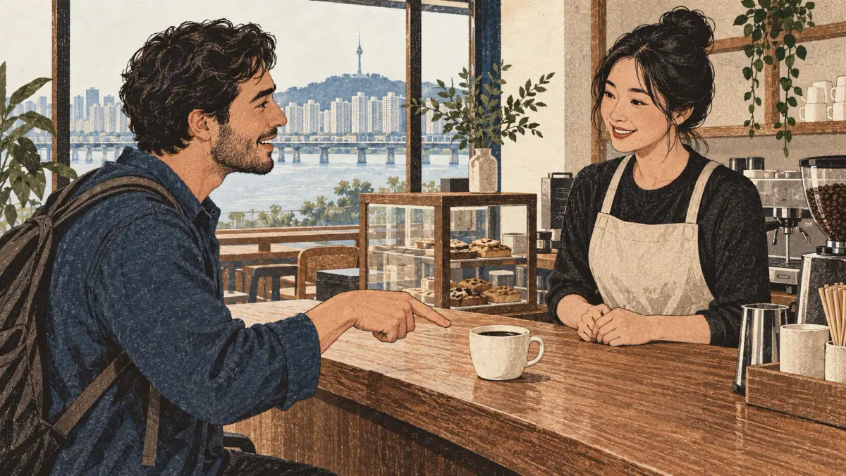 A learner asks a Korean barista to identify a cup of coffee at a Seoul café.