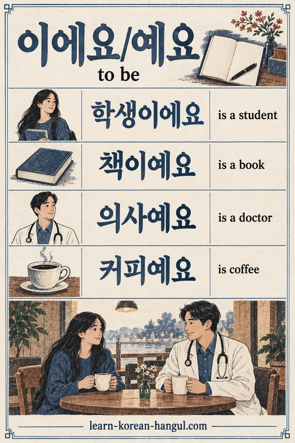 Four examples: 학생이에요, 책이에요, 의사예요 and 커피예요, illustrated with a student, book, doctor and coffee.
