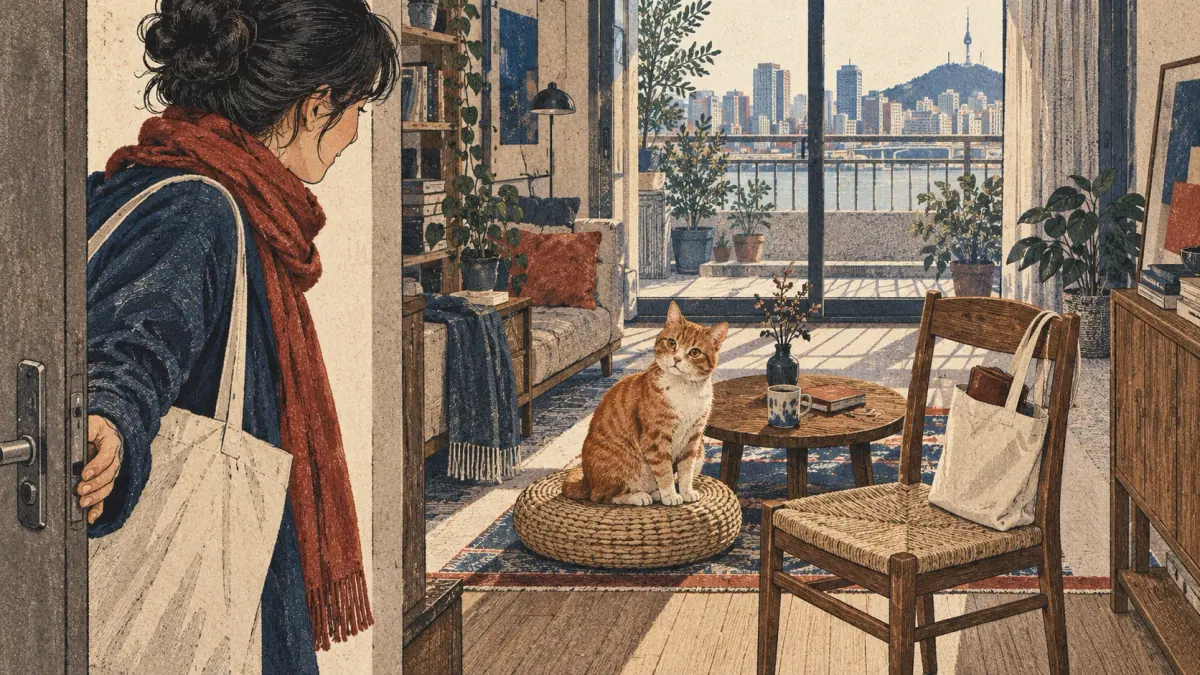 A learner discovers a cat at home beside a bag containing a wallet.