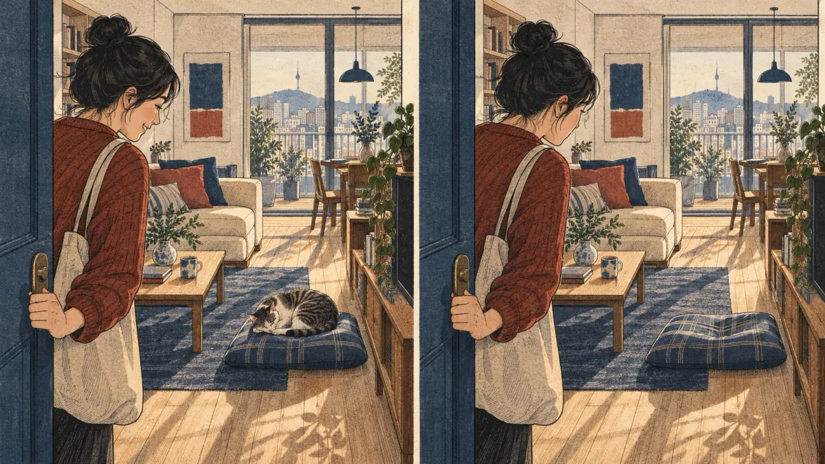 Matching apartment scenes show a cat present on a cushion and the same cushion empty.