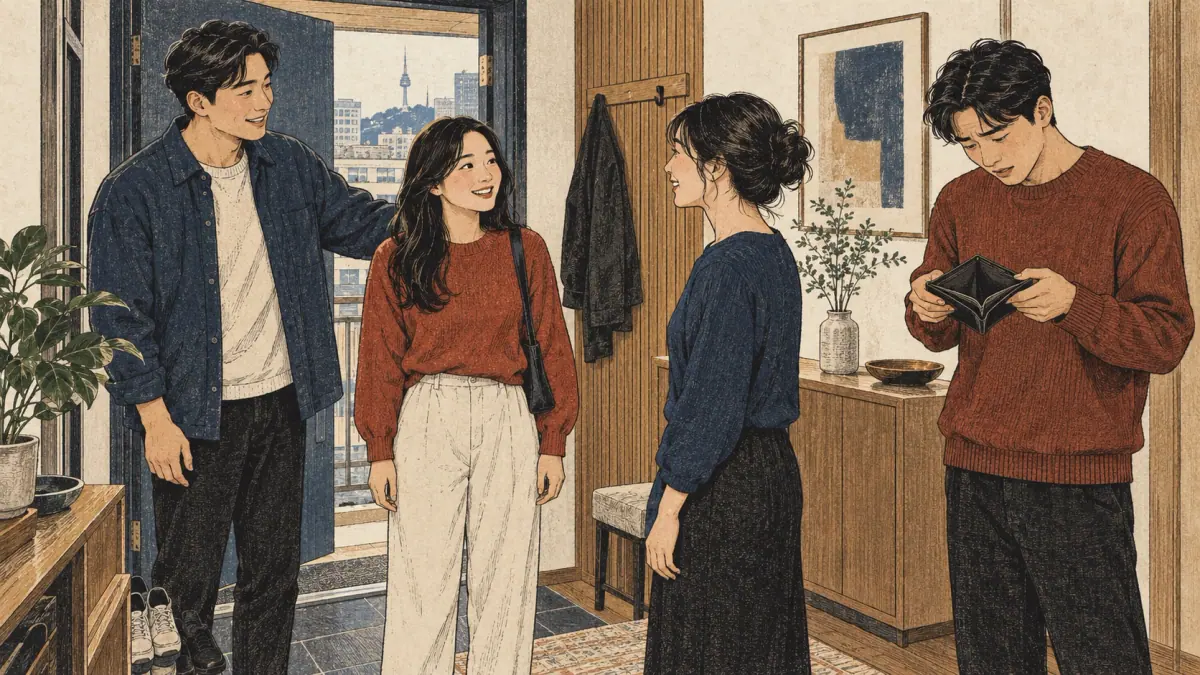 An adult introduces a younger sibling; beside them another adult opens an empty wallet.