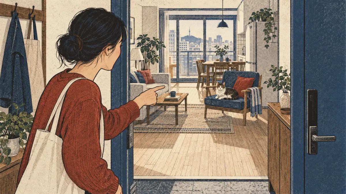 A learner points into an apartment where a cat sits on a chair, showing existence at a place.