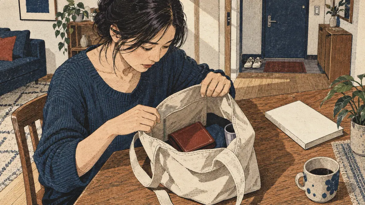 A learner opens a canvas bag containing a leather wallet, with a book on the desk.