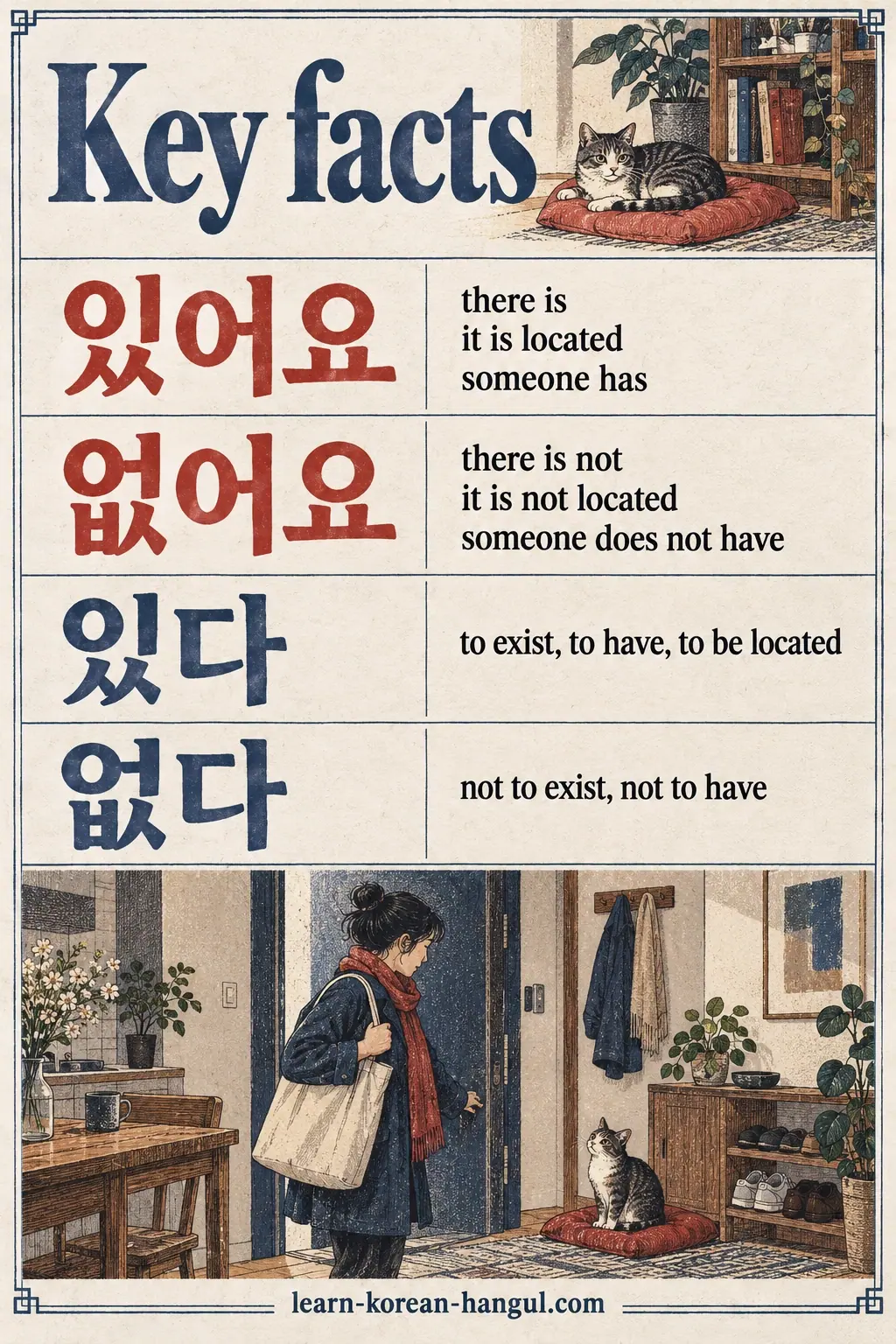 Illustrated lesson: 있어요; 없어요; 있다; 없다