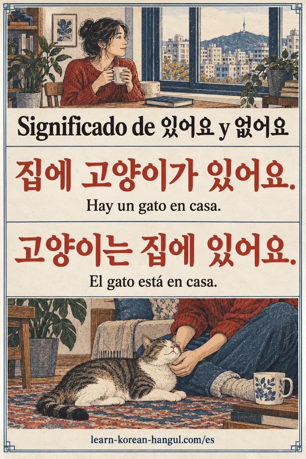 Lección ilustrada: 있어요; 없어요; 집에 고양이가 있어요.; 고양이는 집에 있어요.