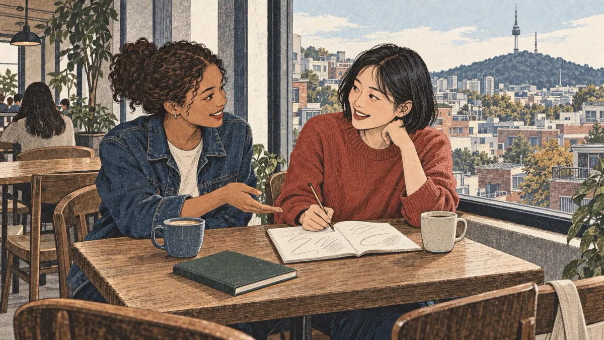 Dos amigas conversan en una cafetería de Seúl; un cuaderno abierto deja clara la actividad por el contexto.
