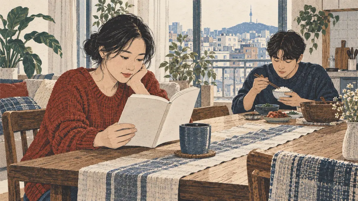 An adult reads a book while a younger sibling eats rice at a Seoul apartment table.