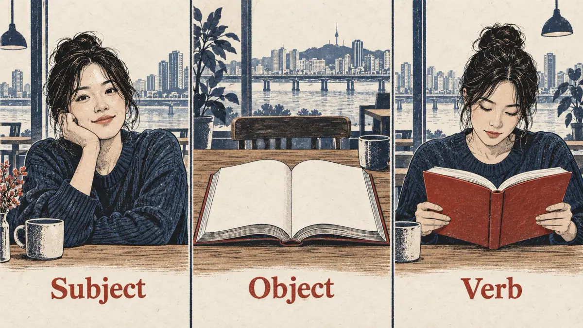 Three illustrated panels identify Subject, Object and Verb: a reader, a book, and reading.