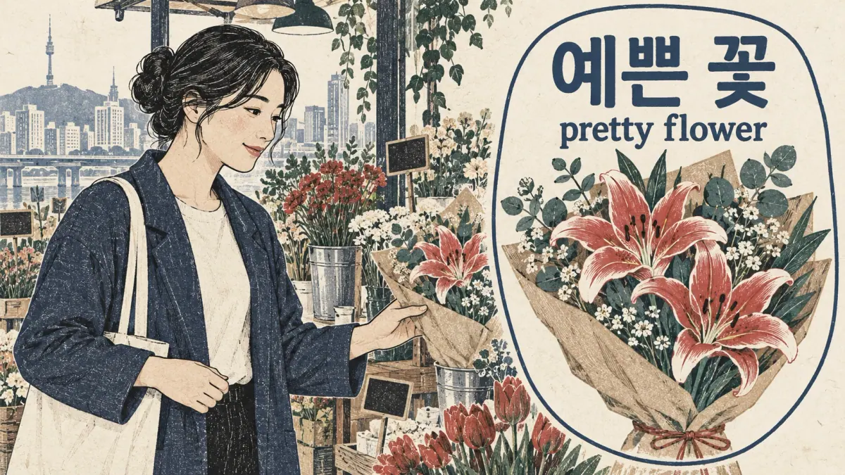An adult chooses a flower labelled 예쁜 꽃, pretty flower, keeping the modifier with its noun.