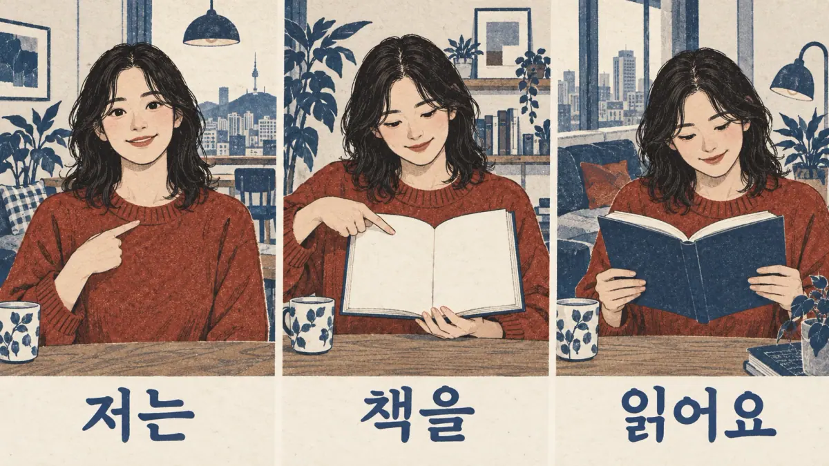 Three panels show 저는, 책을, 읽어요: the reader, the book and reading, in Korean order.