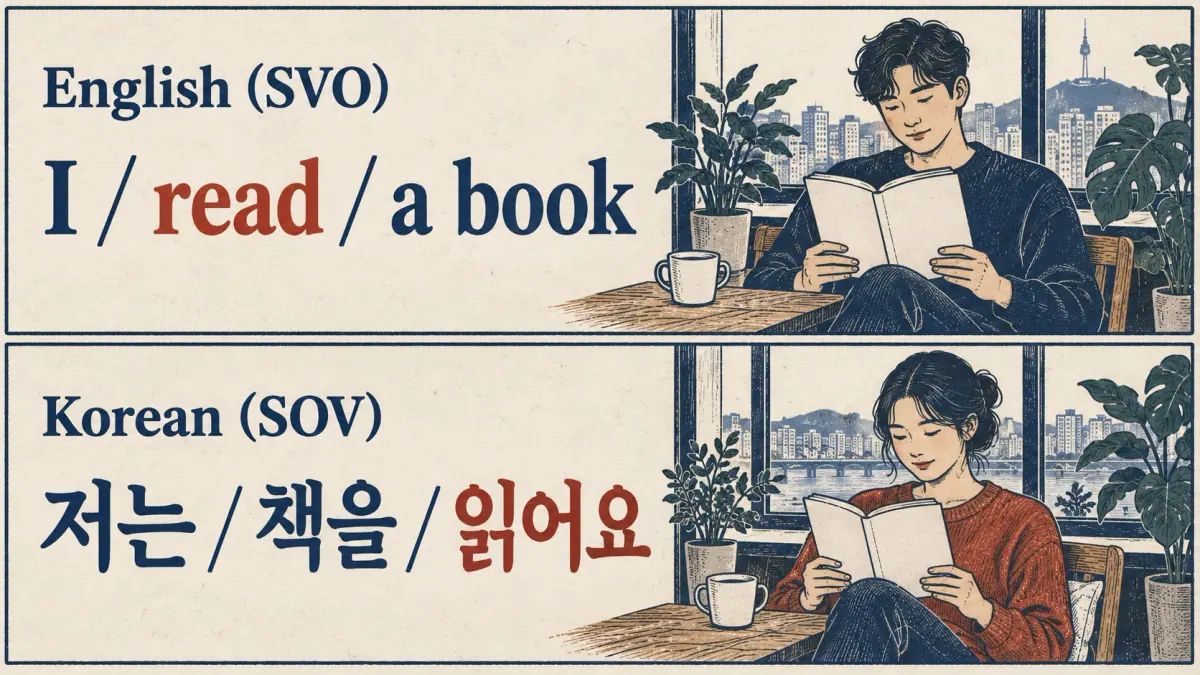 English I / read / a book compared with Korean 저는 / 책을 / 읽어요, showing the verb last.