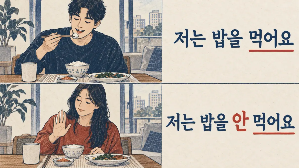Rice scenes contrast 저는 밥을 먹어요 with 저는 밥을 안 먹어요, highlighting negation before the verb.