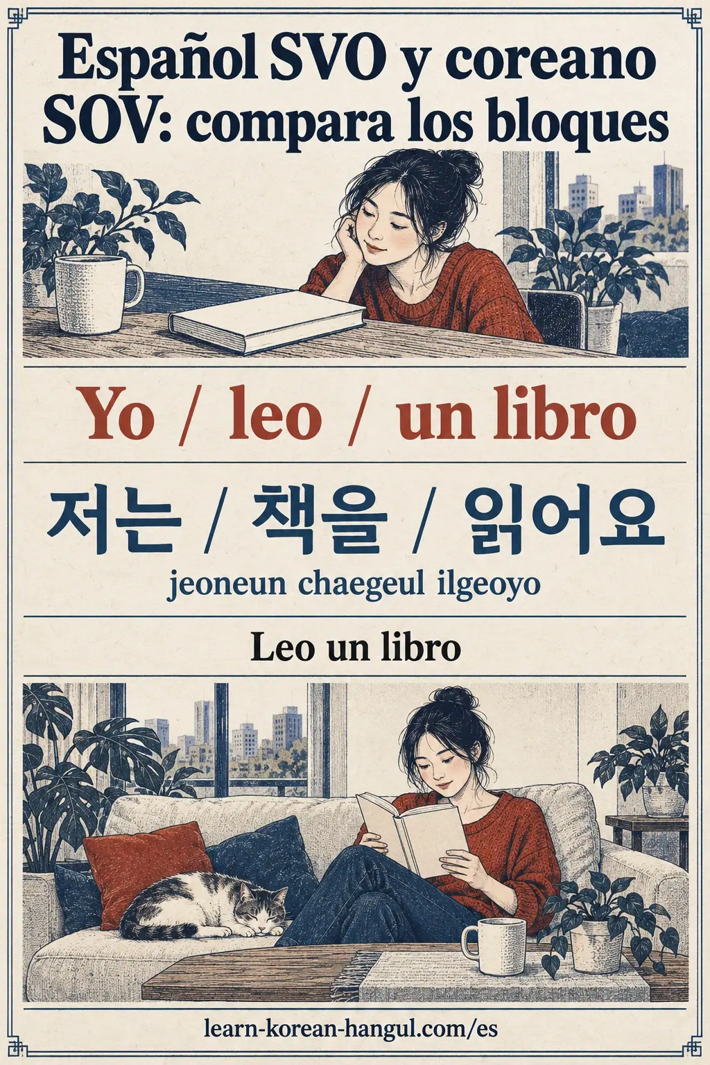 Compara el orden español con 저는 / 책을 / 읽어요, jeoneun chaegeul ilgeoyo: Leo un libro.