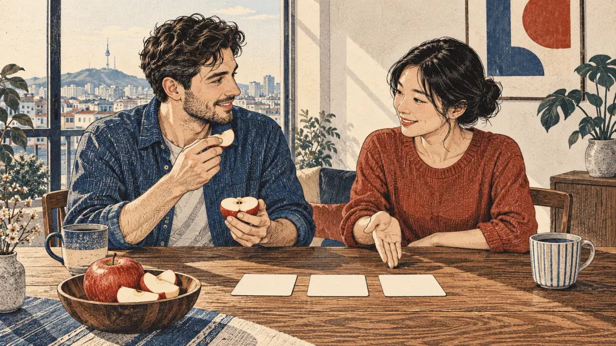An adult learner shares an apple snack with a Korean tutor beside three study cards in a Seoul apartment.
