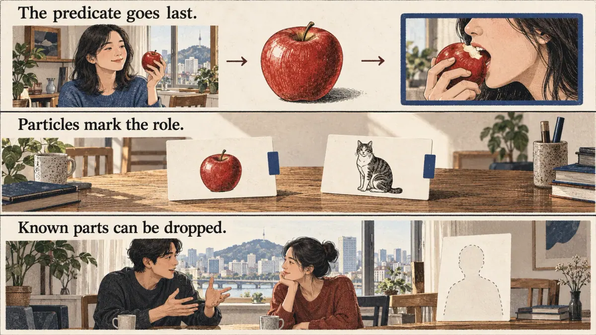 Three illustrated rules: predicate last, particles mark roles, and known sentence parts can be omitted.