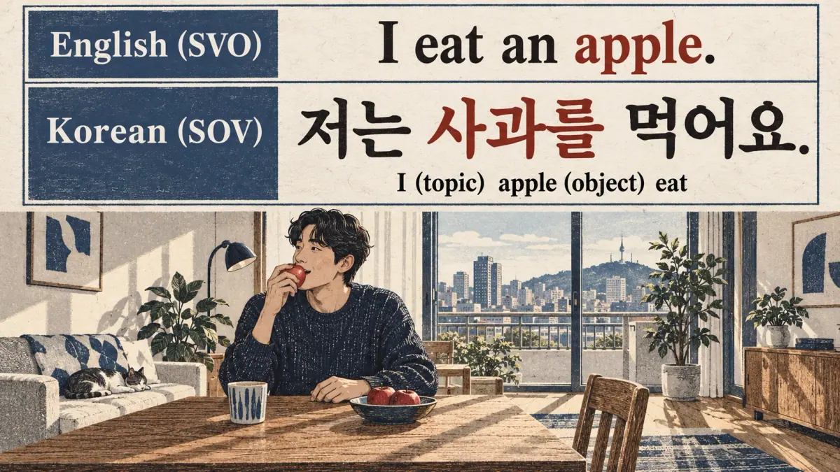 English SVO compared with Korean SOV: 저는 사과를 먹어요. An adult eats an apple.