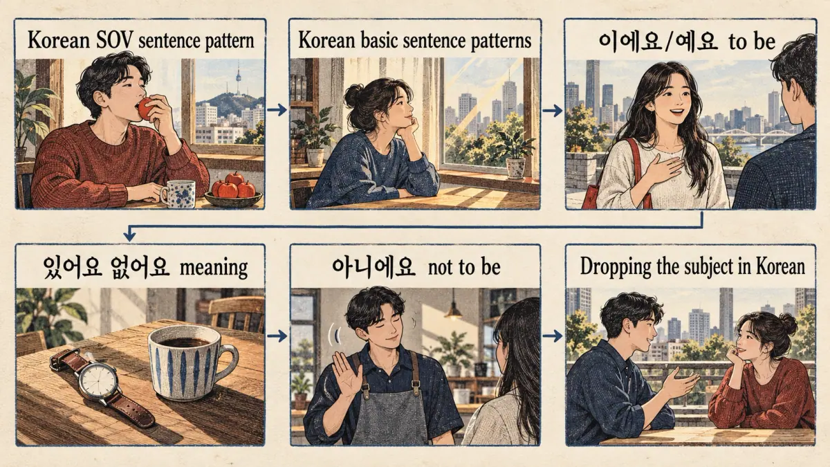Six lessons in order, with 이에요/예요, 있어요 없어요 and 아니에요 illustrated by everyday situations.