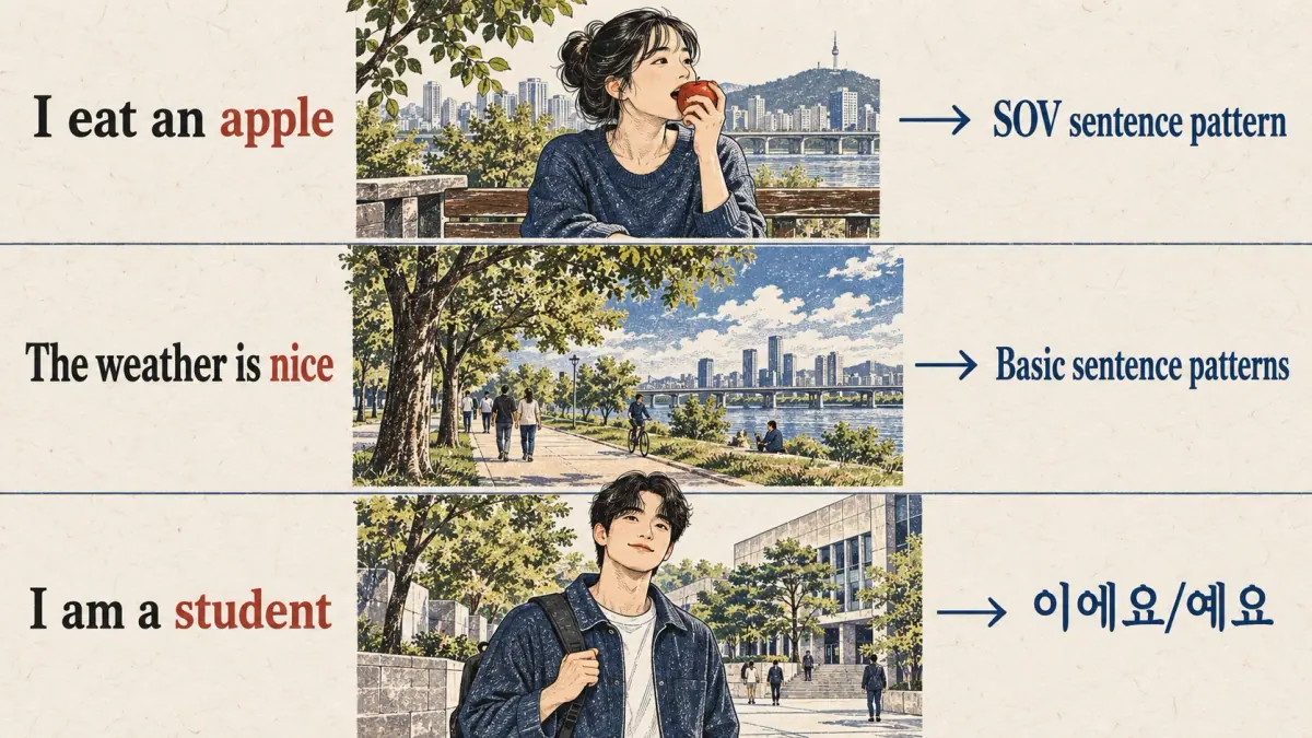 Apple eating, fine weather and a student's introduction map to three lessons, including 이에요/예요.
