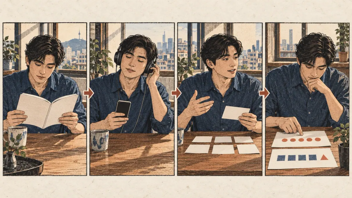 An adult reads, listens to audio, arranges sentence cards and compares practice answers across four panels.