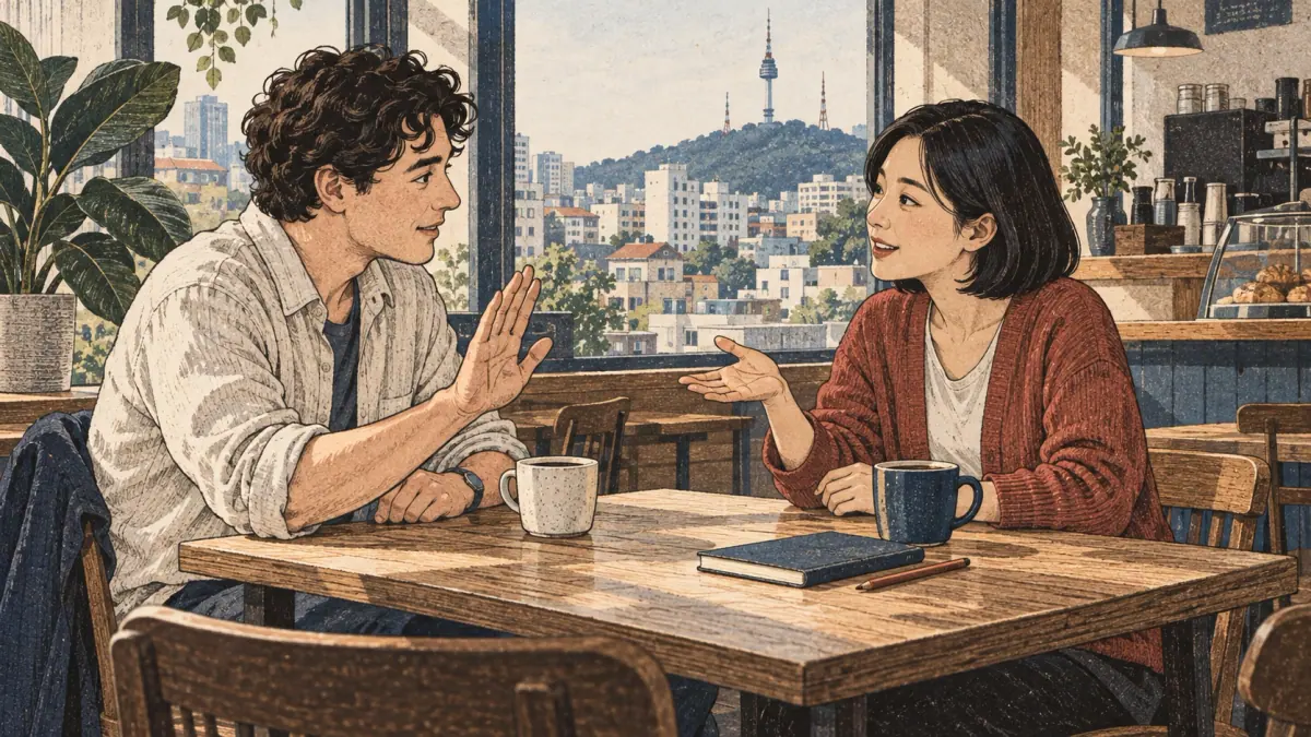 An adult learner asks a Korean conversation partner to speak slowly during a café lesson in Seoul.