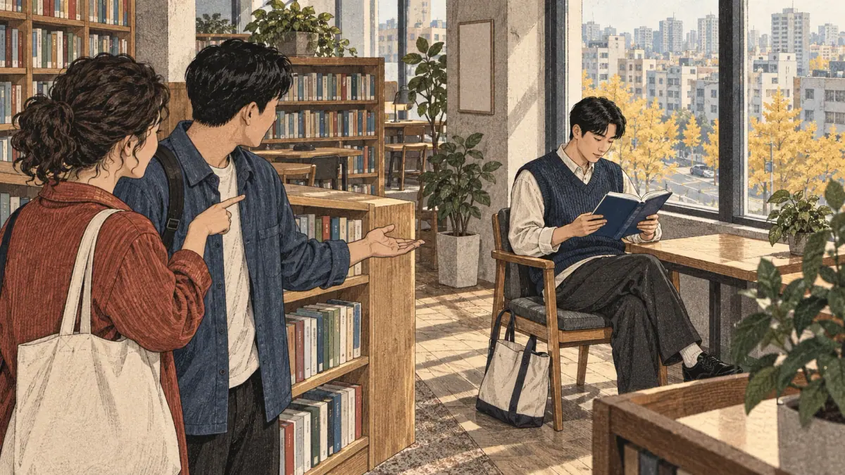 A young Korean man reads a book while two adult learners discuss the scene in a Seoul library.