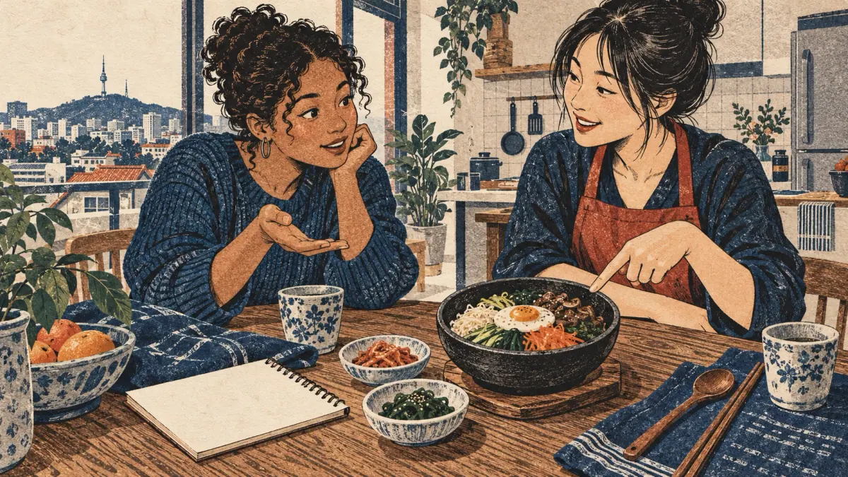 Two adults discuss a bibimbap lunch in a Seoul apartment kitchen.