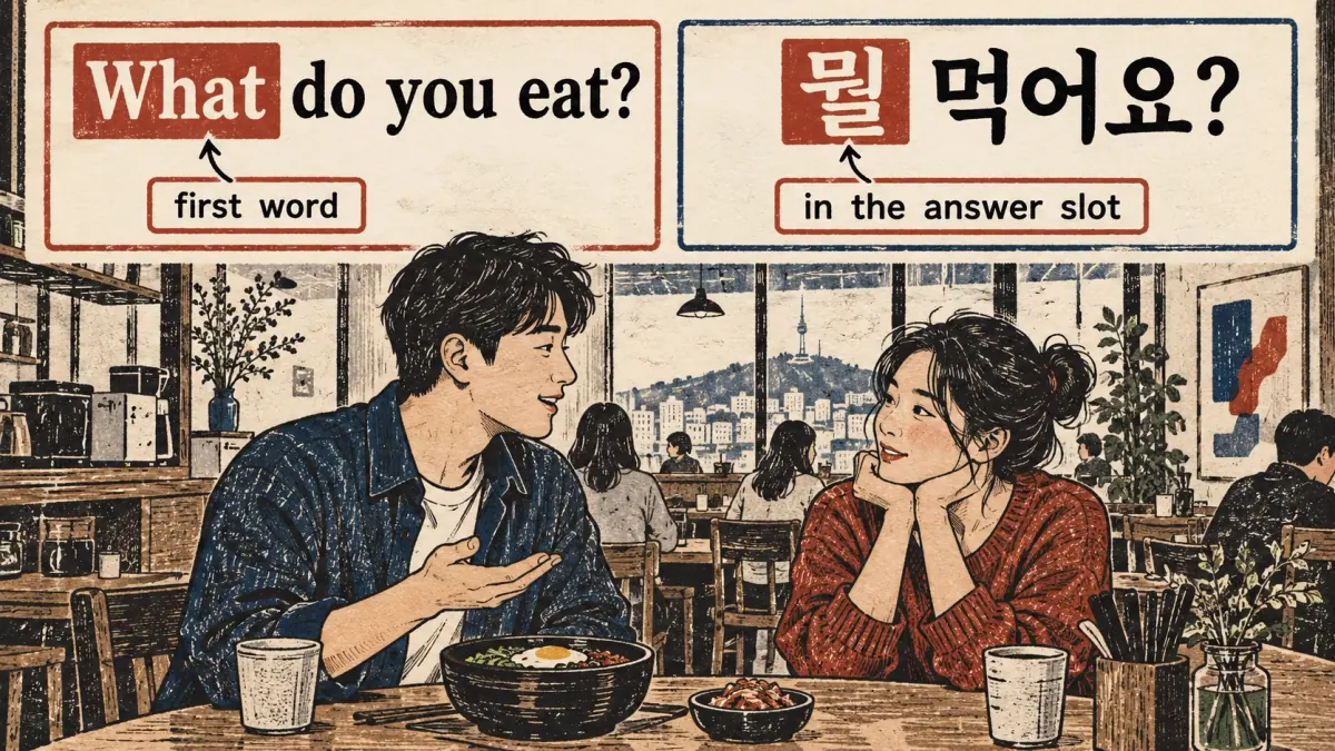 English What comes first; Korean 뭘 먹어요? uses the answer slot.