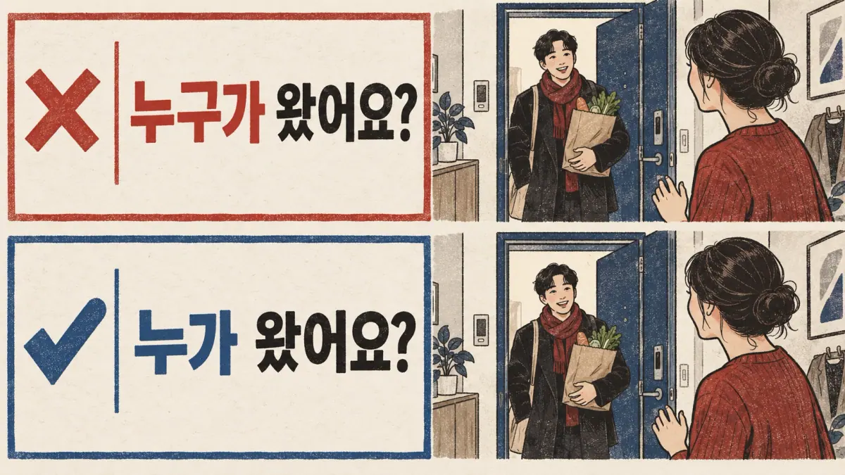 Correction from 누구가 왔어요? to 누가 왔어요?, beside a friend arriving.