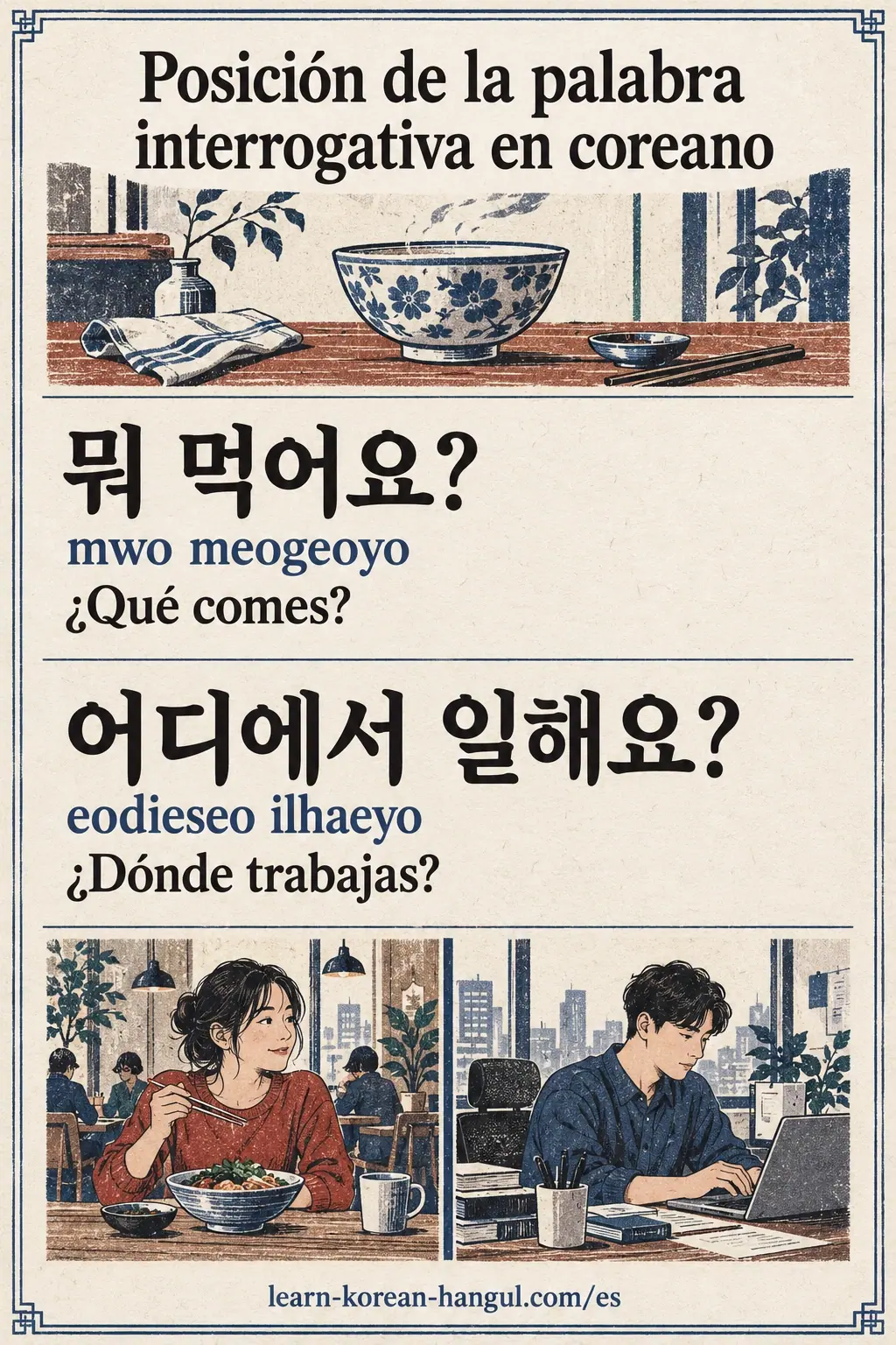 뭐 먹어요? (mwo meogeoyo) y 어디에서 일해요? (eodieseo ilhaeyo) preguntan qué comes y dónde trabajas.