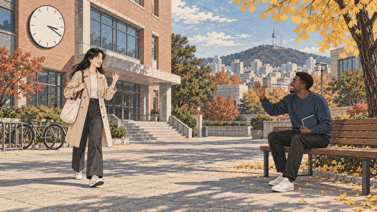 Dos amigos adultos se encuentran por la tarde en el patio de una universidad de Seúl, con un reloj y edificios del campus que sitúan el momento y el lugar.