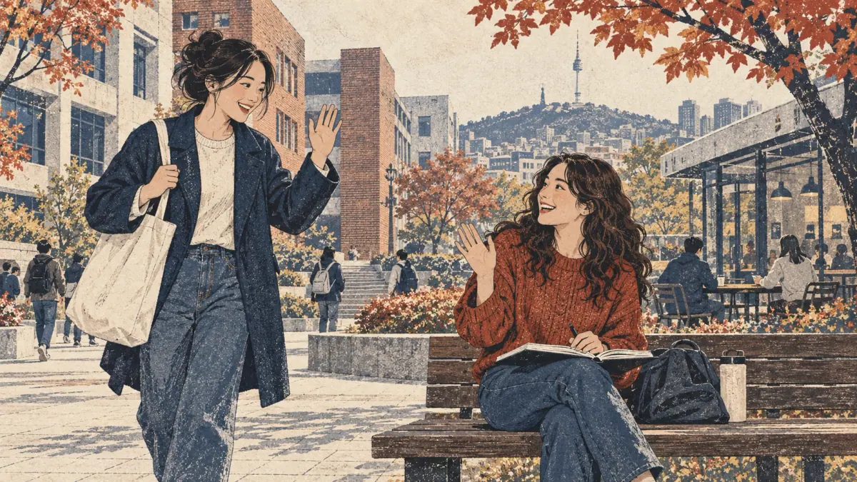 Two adult friends greet each other in a Seoul university courtyard.