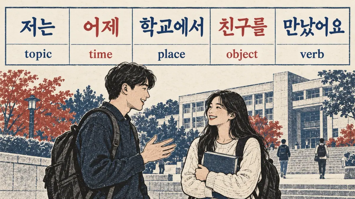 School scene with 저는, 어제, 학교에서, 친구를, 만났어요 labelled topic, time, place, object and verb.