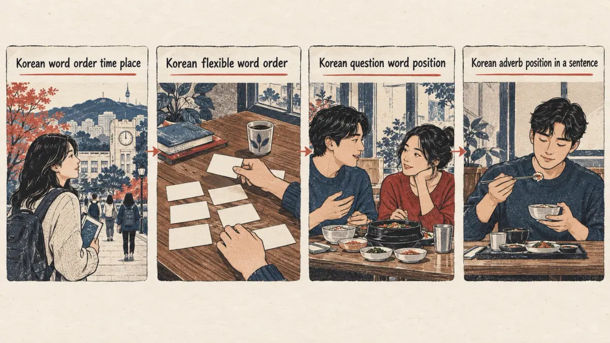 Four illustrated lesson cards show time and place, flexible order, question words, then adverbs.