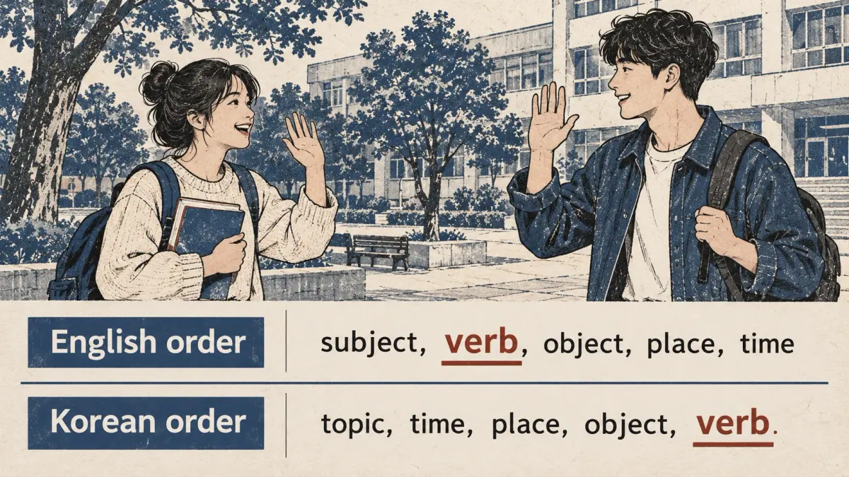 Two friends meet at school above English and Korean word-order rows highlighting verb position.