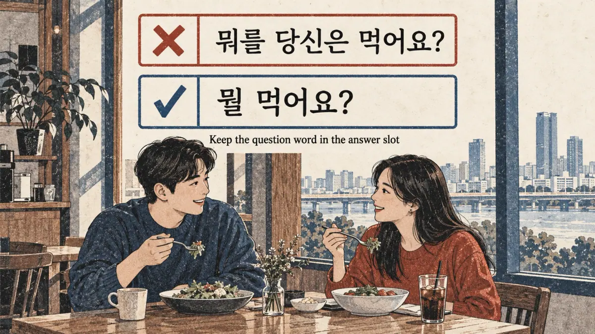 Café diners illustrate question correction: ✗ 뭐를 당신은 먹어요? to ✓ 뭘 먹어요?
