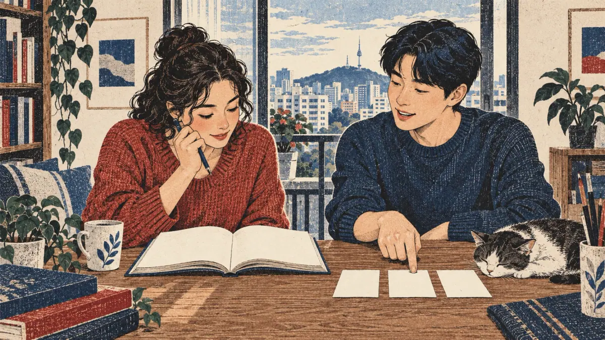 Two adult learners study with blank books and cards at a wooden table overlooking Seoul.