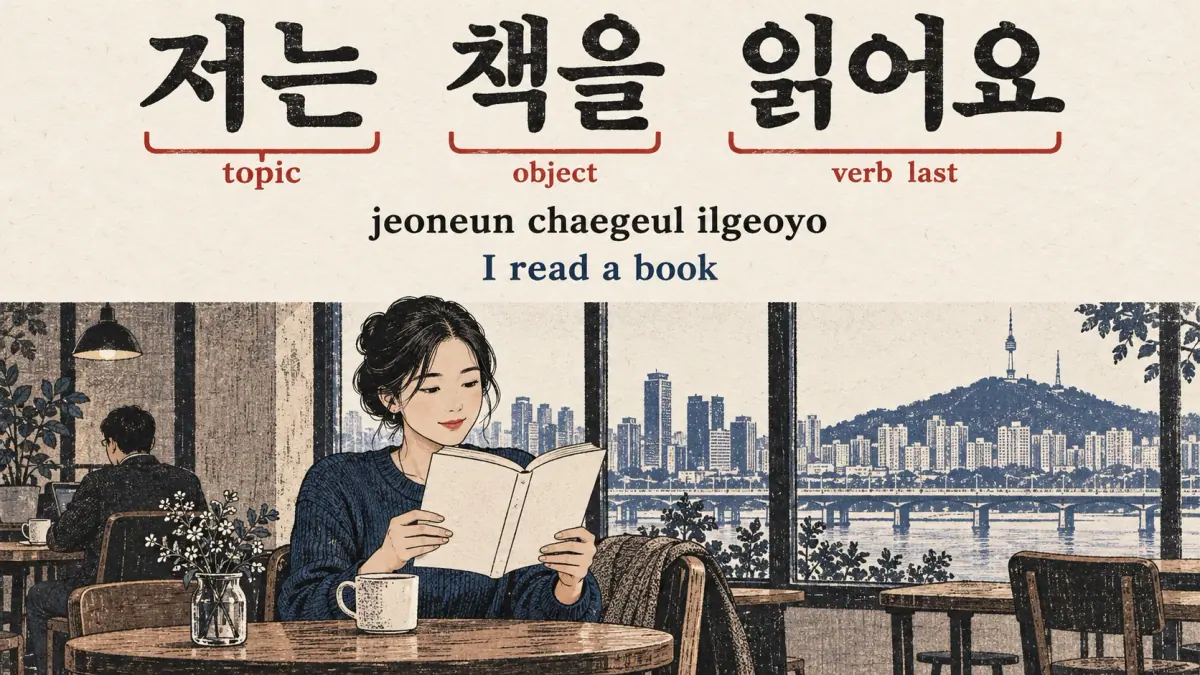 A reading scene explains 저는 책을 읽어요 (jeoneun chaegeul ilgeoyo), with topic, object and verb last.