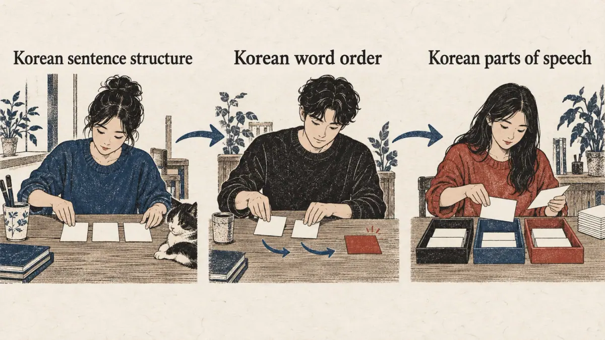 Three illustrated stages show sentence structure, word order and parts of speech in their recommended learning order.