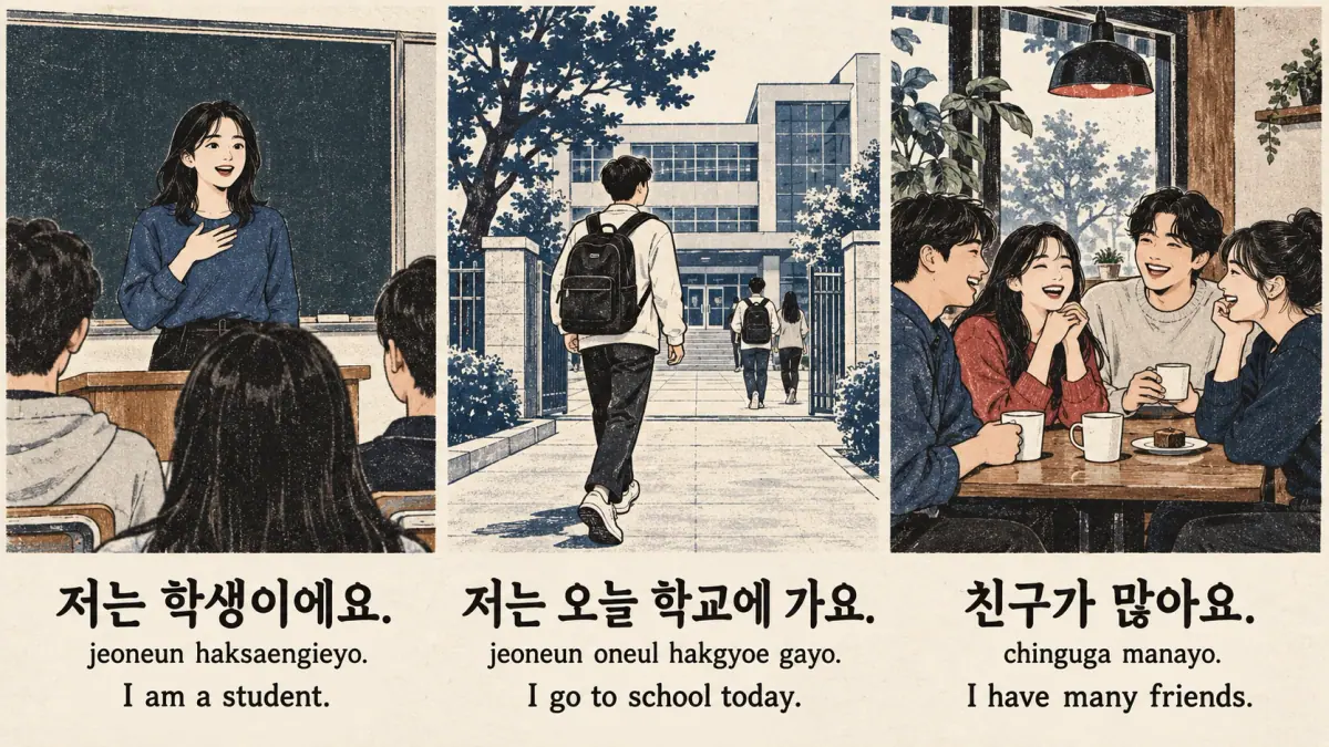 Student, school and friends scenes: 저는 학생이에요. (jeoneun haksaengieyo.), 저는 오늘 학교에 가요., 친구가 많아요.