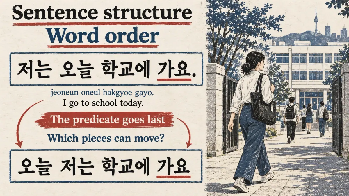 Sentence cards show 저는 오늘 학교에 가요. (jeoneun oneul hakgyoe gayo.) and 오늘 저는 학교에 가요 with the verb last.