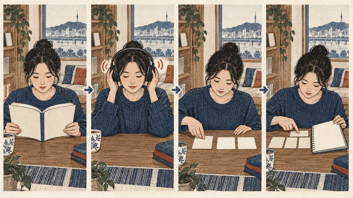Four scenes show a learner reading, listening to audio, building a sentence with cards and checking answers.