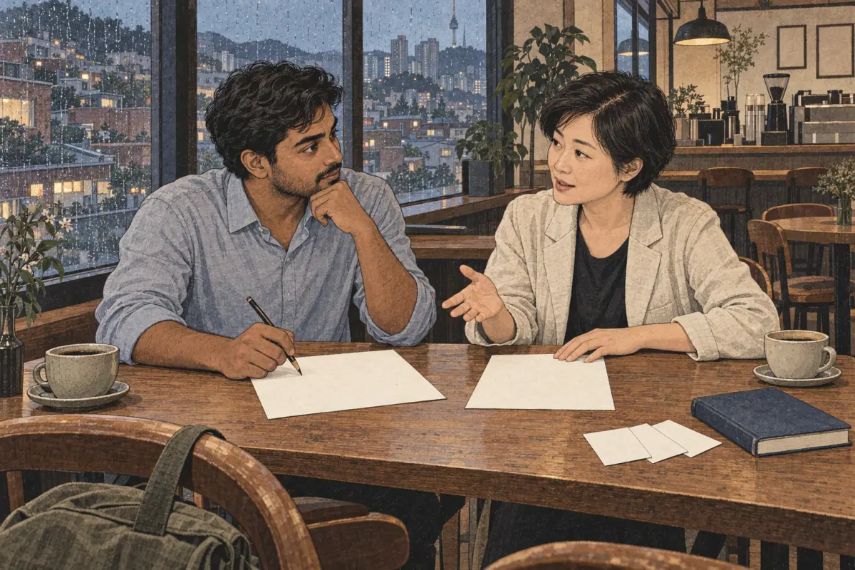 Two adult learners discuss phrasing while reviewing an essay in a Seoul café.