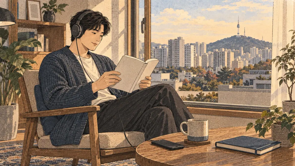 A learner reads a book while listening to music beside a Seoul apartment window.