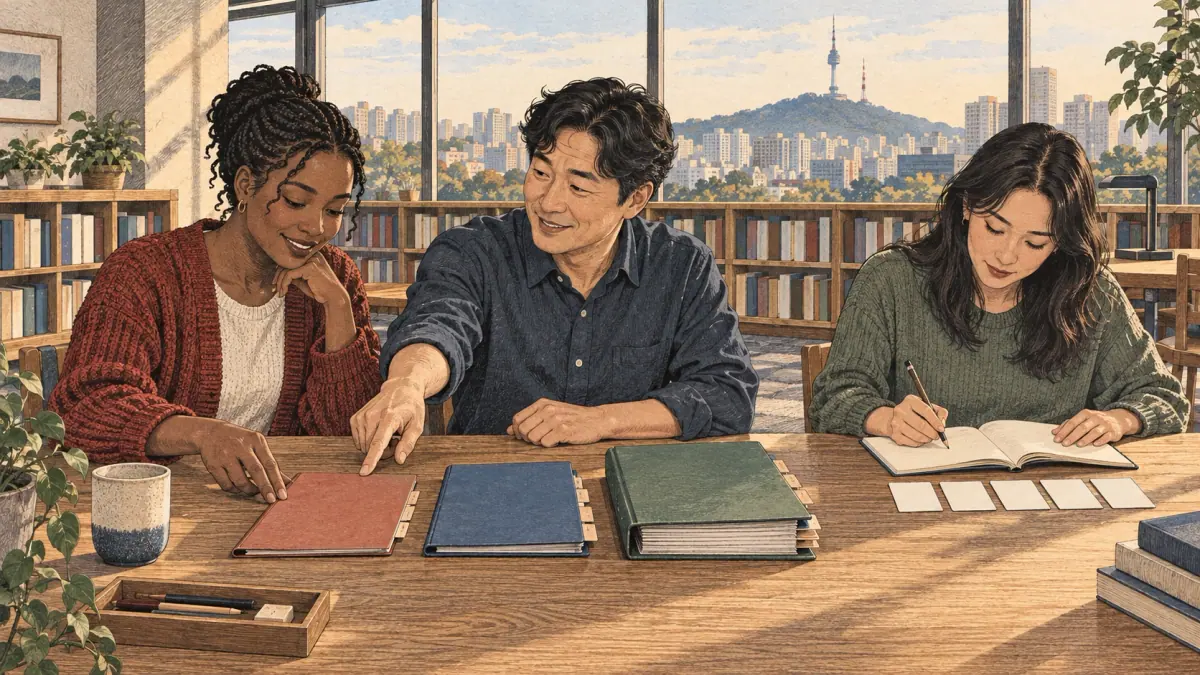 Adult learners choose study materials for successive Korean grammar levels in a Seoul library.