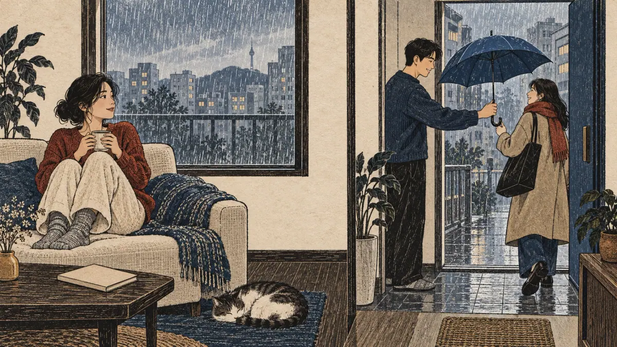 Two rainy-day Seoul scenes: staying home and offering a departing friend an umbrella.
