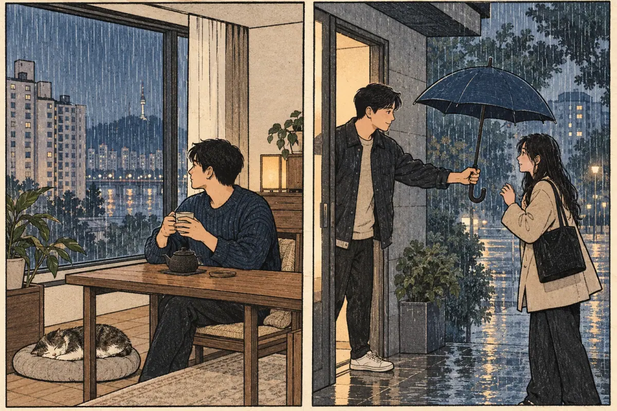 Rain keeps one learner at home while a friend offers another learner an umbrella.