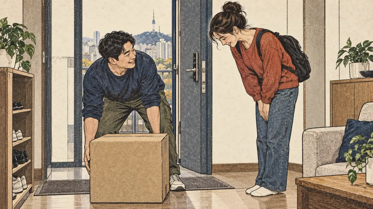 A learner thanks a neighbour who has helped carry a heavy box into an apartment.