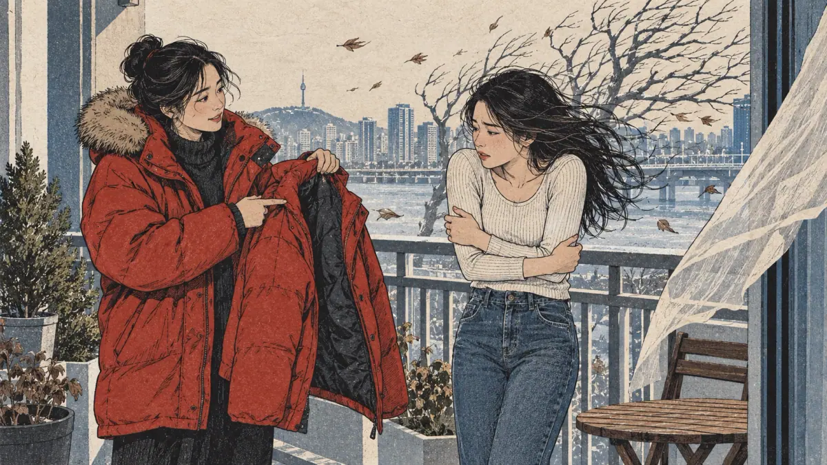 A friend recommends a warm coat to a shivering learner on a cold Seoul balcony.