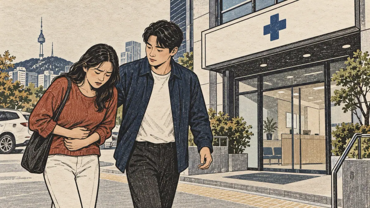 A learner with stomach pain approaches a clinic with a companion, showing a cause and its result.